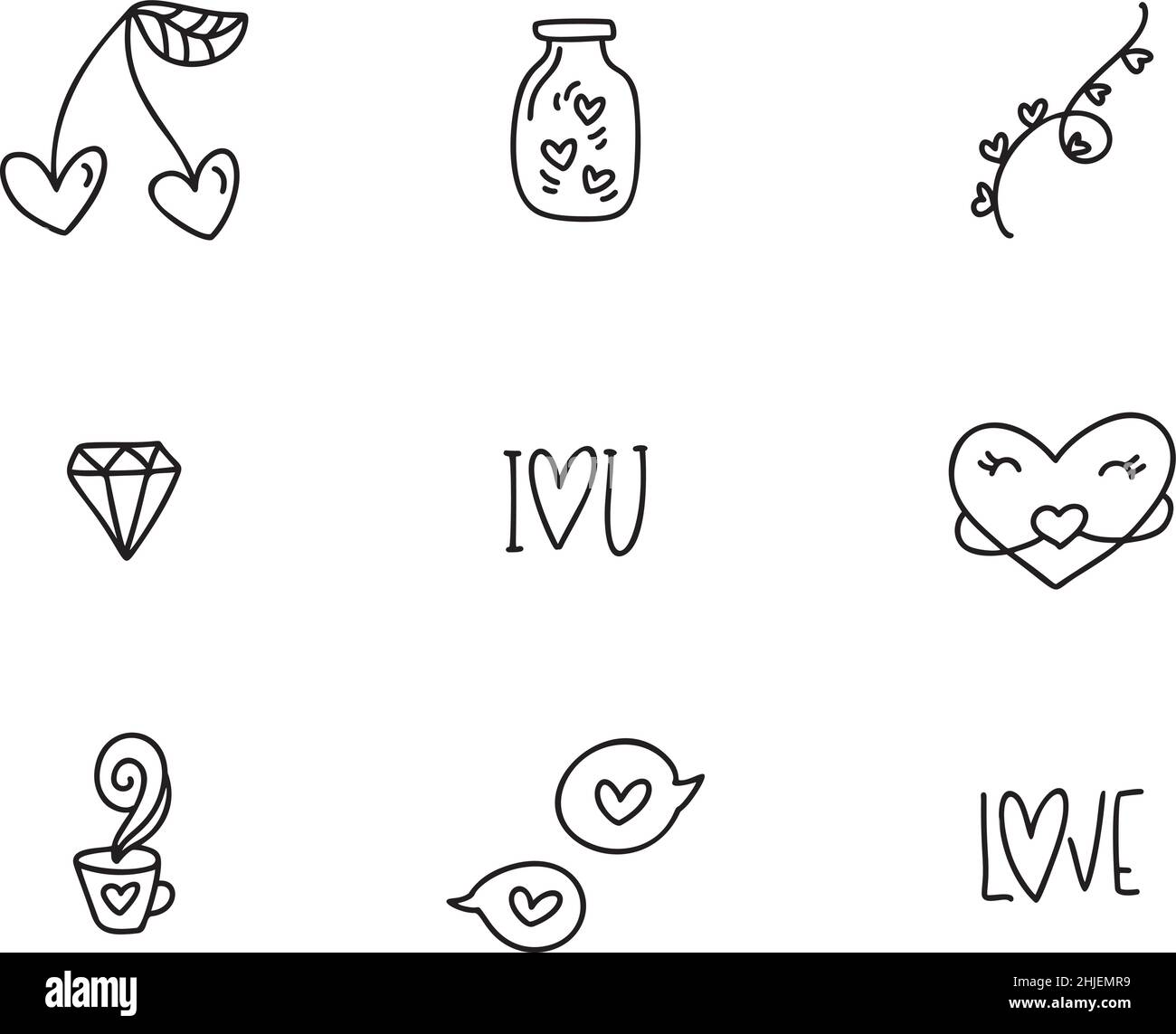 Set of different dooddle elements for wedding, Valentines Day and Kiss day design icon. Hand drawn monoline art cartoon vector illustration. Romantic Stock Vector