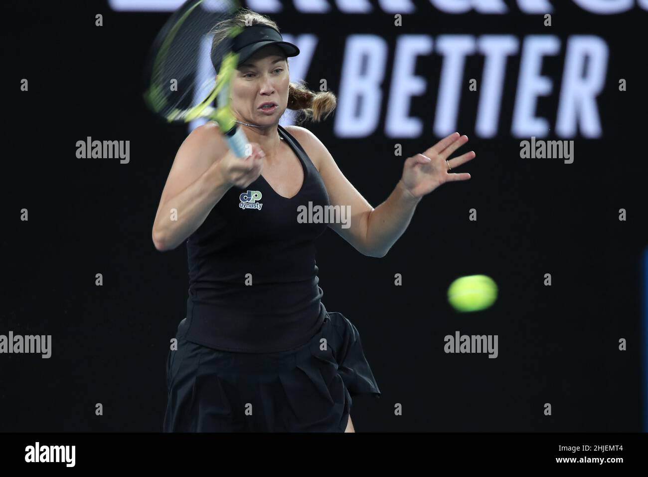 Melbourne, Australia. 29th Jan, 2022. Danielle Collins of the United States competes during the women's singles final match against Ashleigh Barty of Australia at Australian Open in Melbourne, Australia, on Jan. 29, 2022. Credit: Bai Xuefei/Xinhua/Alamy Live News Stock Photo