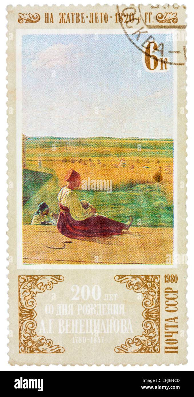 Stamp printed in the Russia (Soviet Union) shows a painting 'Harvest Summer' by Venetsianov with the same inscription from the series '200th Birth Stock Photo