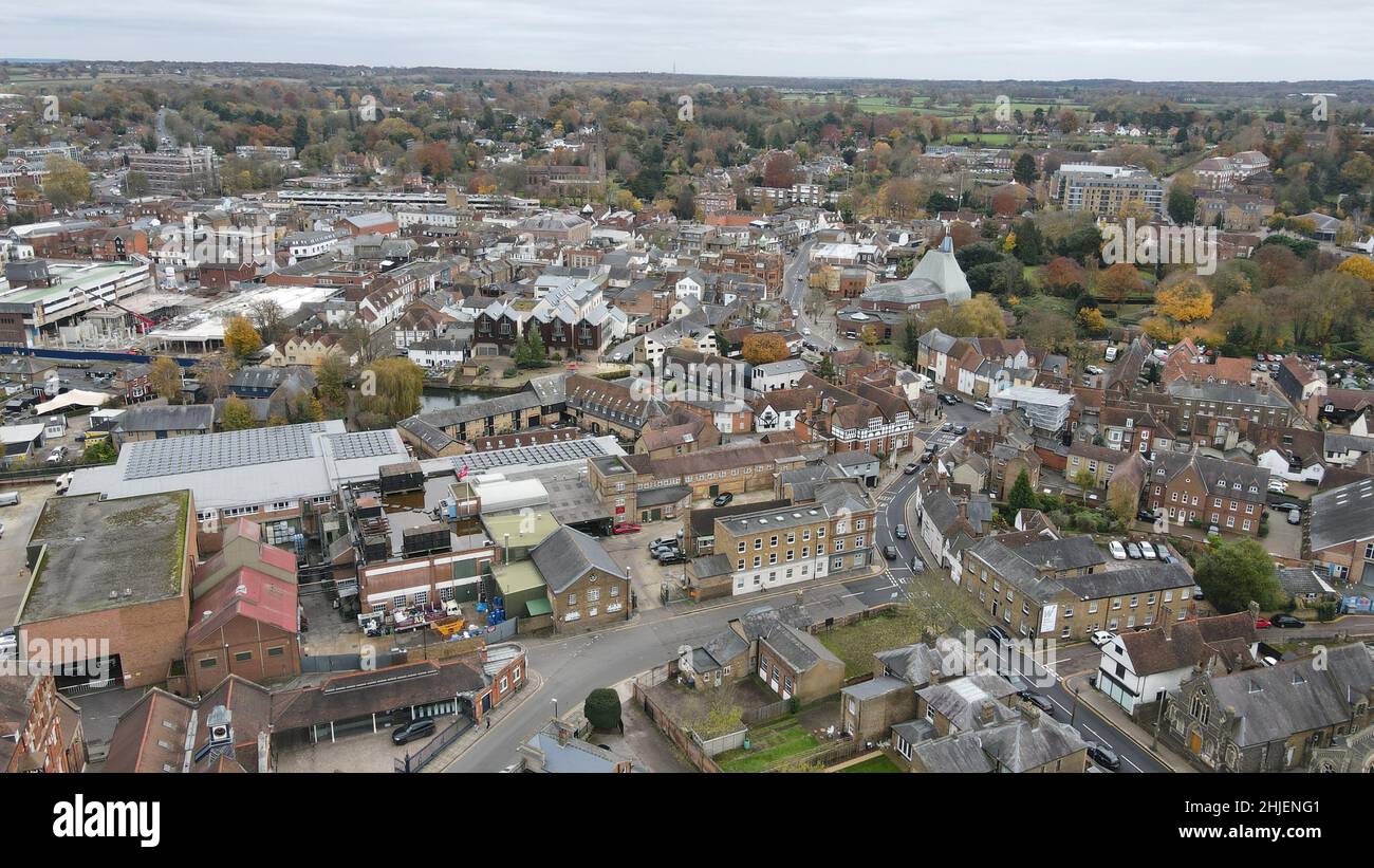 Hertford , town centre Hertfordshire Uk town aerial drone view Stock Photo