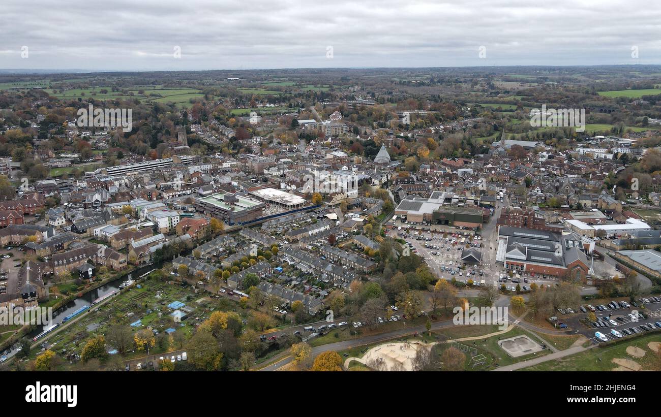 Hertford , town centre Hertfordshire Uk town aerial drone view Stock Photo