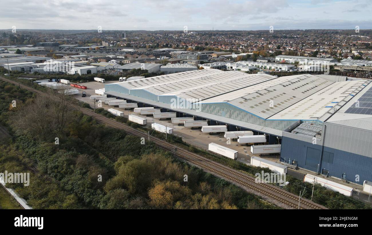 Sainsbury's Distribution Centre - Rye Park, Hoddesdon Hertfordshire Aerial Drone view Stock Photo