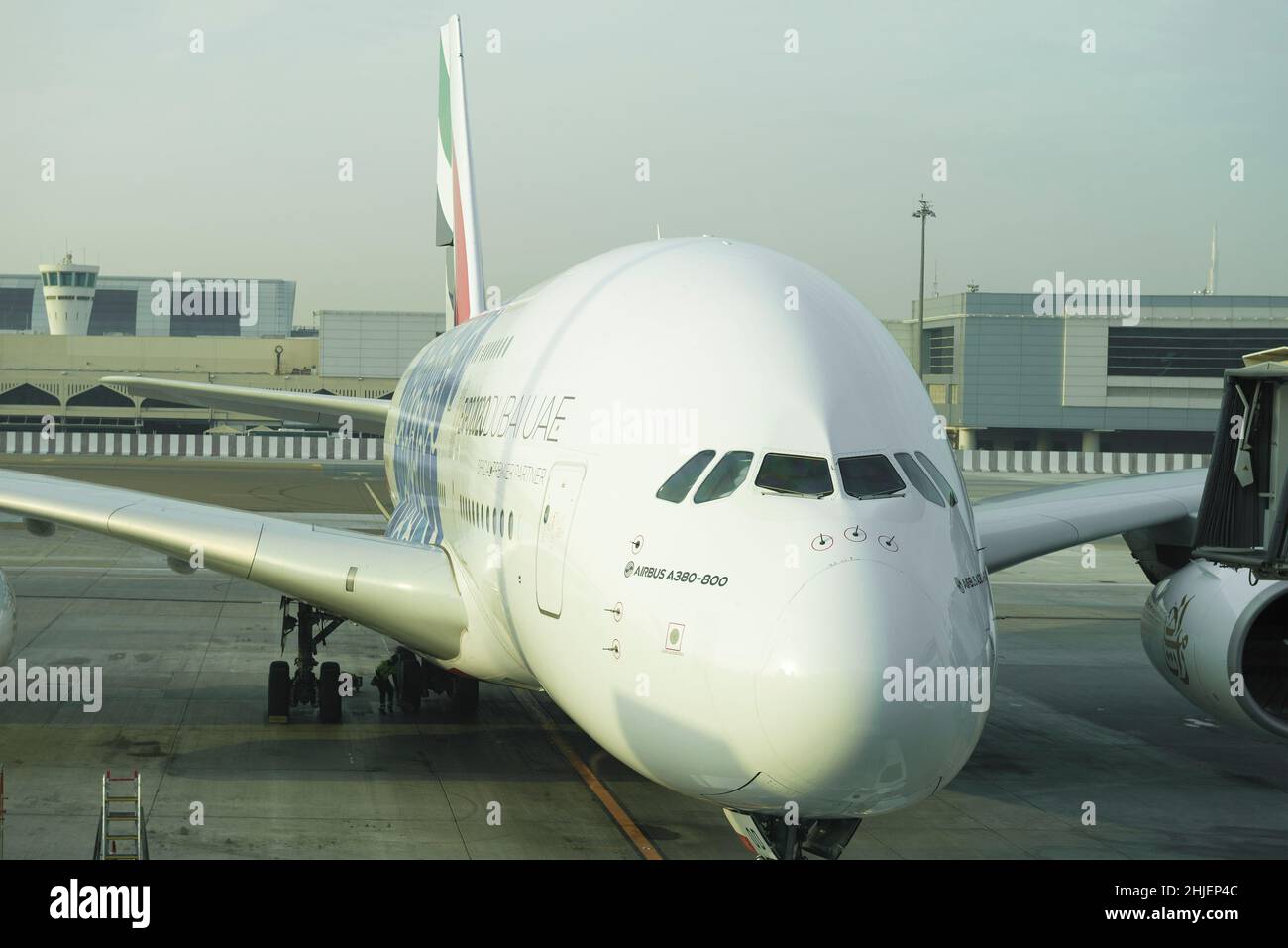 DUBAI, UAE - FEBRUARY 02, 2020: Airbus A380-800 close-up in the early morning. Front view. Dubai International Airport Stock Photo