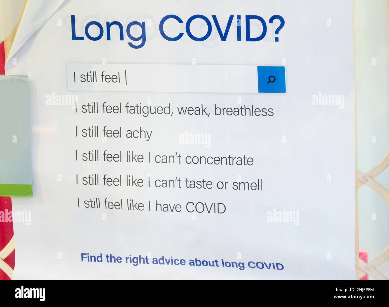 Long covid symptoms sign on pharmacy shop window Stock Photo