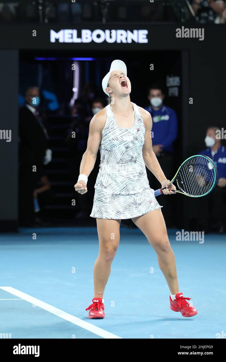 Melbourne, Australia. 29th Jan, 2022. Ashleigh Barty of Australia celebrates winning the women's singles final match against Danielle Collins of the United States at Australian Open in Melbourne, Australia, on Jan. 29, 2022. Credit: Bai Xuefei/Xinhua/Alamy Live News Stock Photo