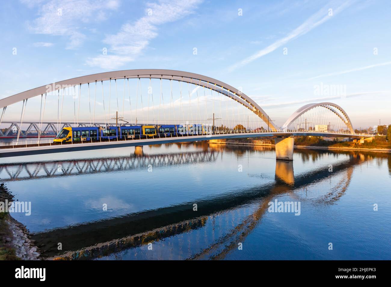 Beatus Rhenanus Bridge for trams over Rhine River between Kehl and Strasbourg Germany France transport Stock Photo
