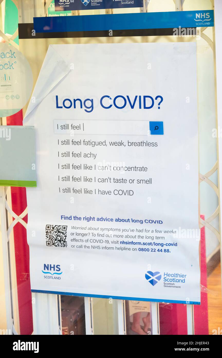 London, England, UK, January 22nd 2022, Long covid symptoms sign on pharmacy shop window UK Stock Photo