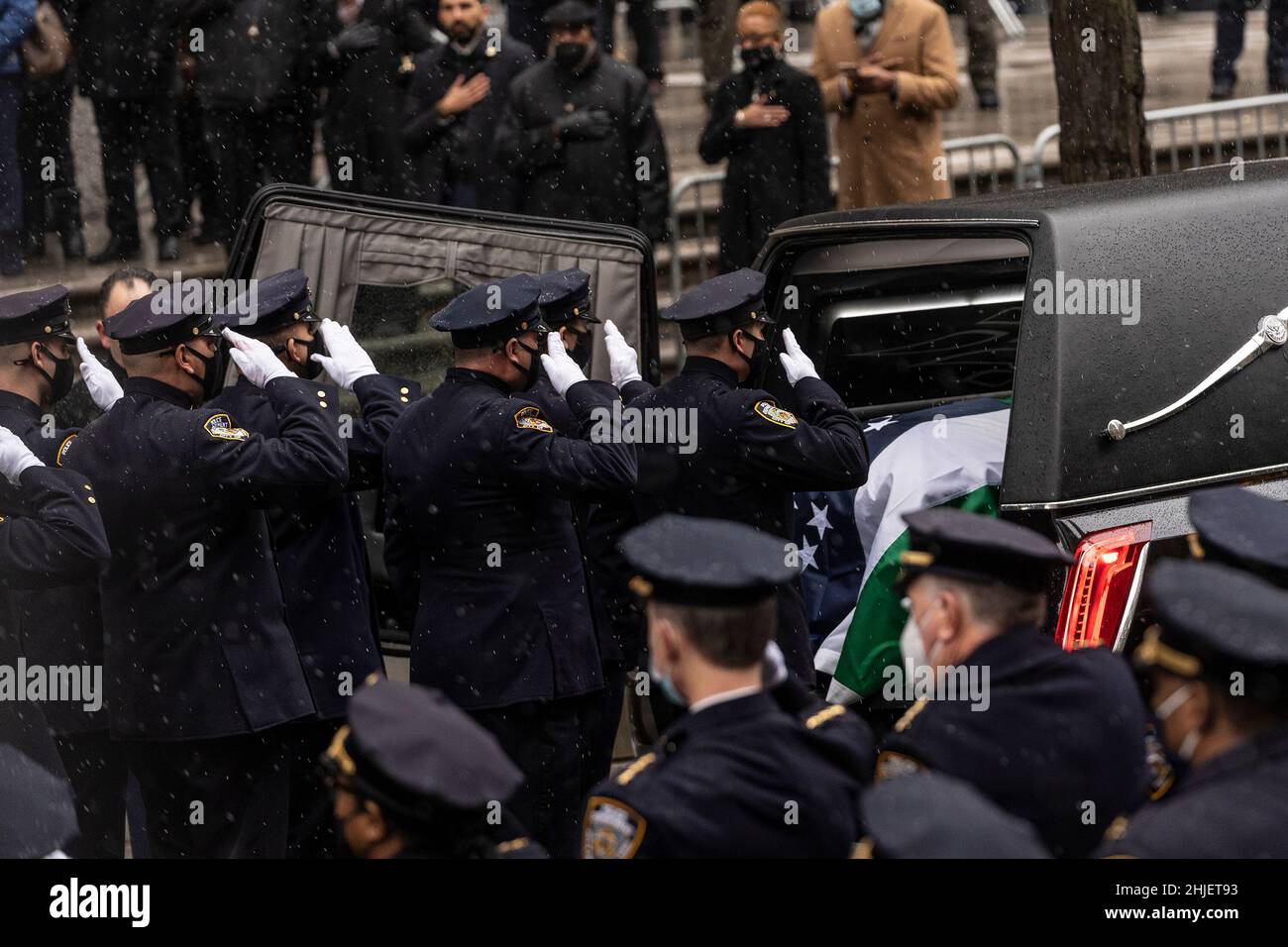 New York, United States. 28th Jan, 2022. Thousands of police officers gathered inside and outside St. Patrick's Cathedral for Jason Rivera funeral. The 22-year-old Rivera was killed when he and fellow NYPD officer, Wilbert Mora, responded to a domestic incident in Harlem on January 21. Rivera was posthumously promoted Friday from officer to detective first-grade. (Photo by Lev Radin/Pacific Press) Credit: Pacific Press Media Production Corp./Alamy Live News Stock Photo
