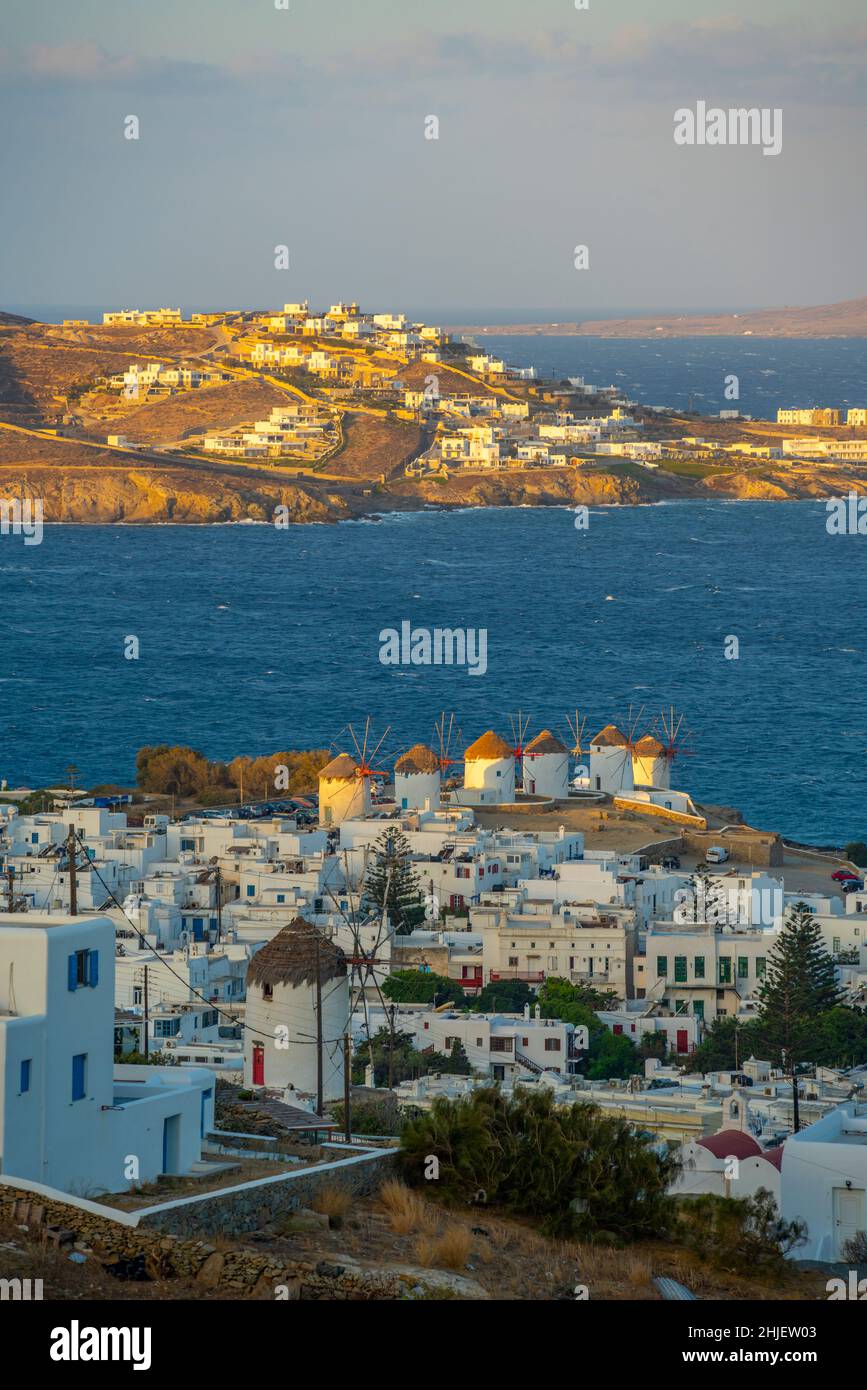 Elevated view of flour mills and town at sunrise, Mykonos Town, Mykonos