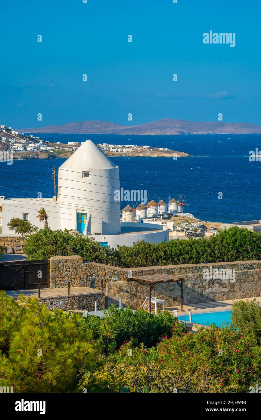 Elevated view of flour mills and town, Mykonos Town, Mykonos, Cyclades