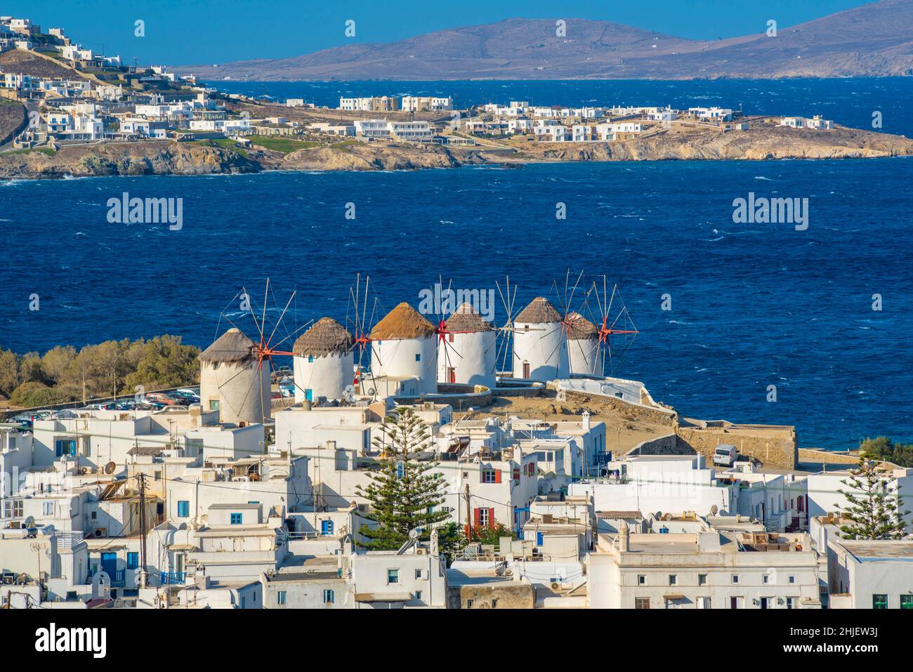 Elevated view of flour mills and town, Mykonos Town, Mykonos, Cyclades
