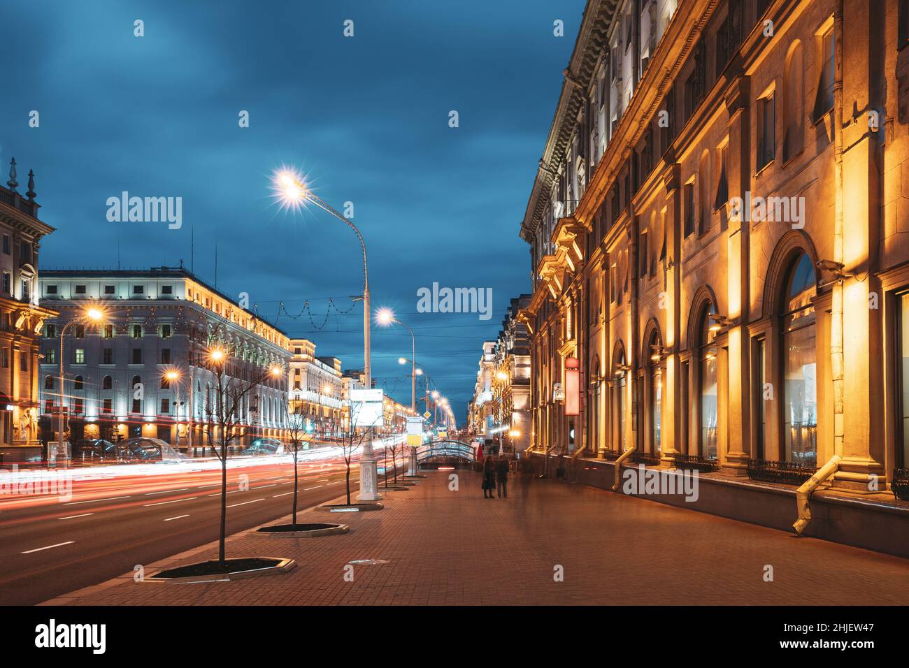Minsk, Belarus. Traffic On Independence Avenue In Evening Night Illuminations Stock Photo