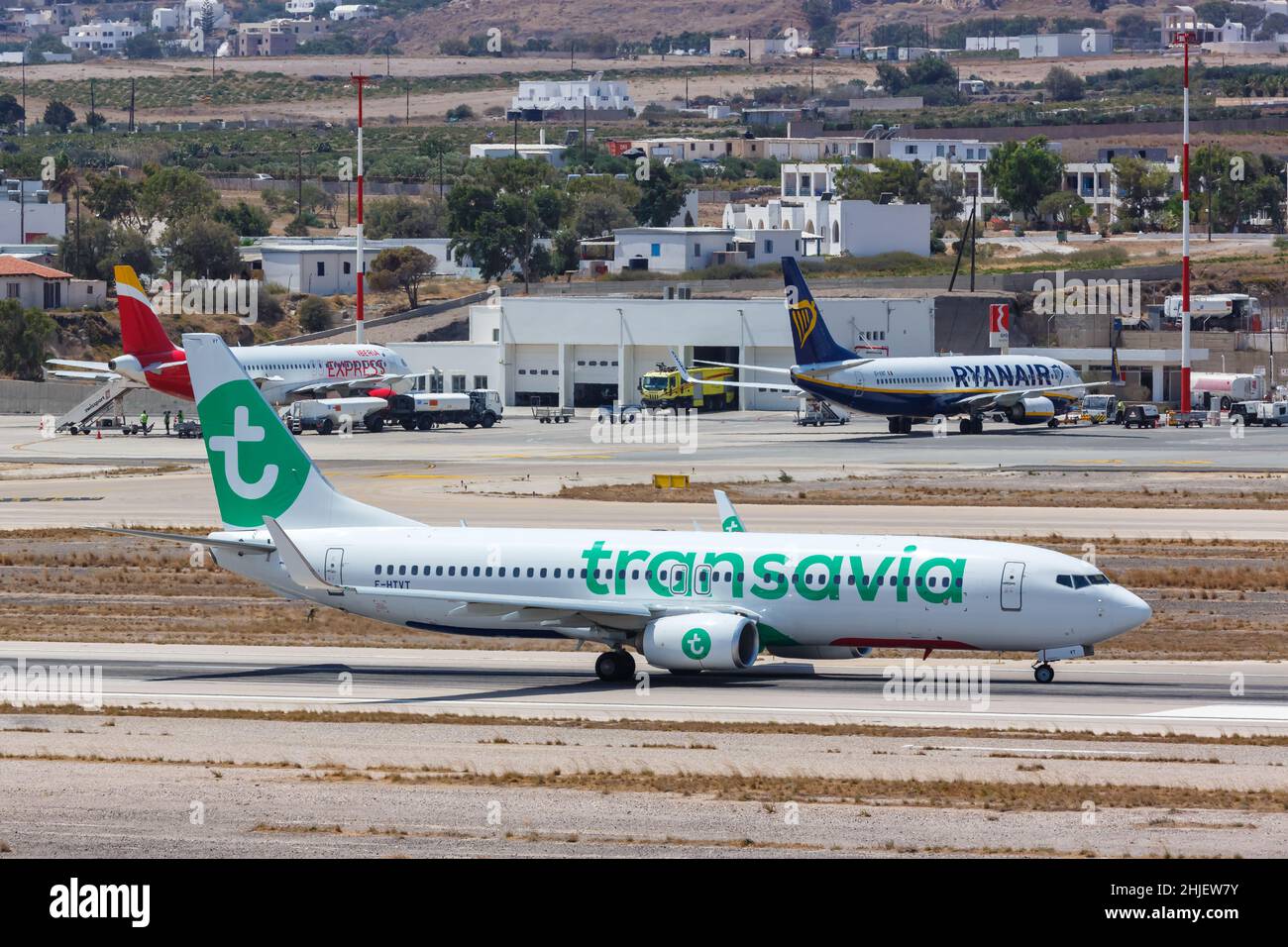 Santorini, Greece - August 4, 2021: Transavia Boeing 737-800 airplane at Santorini airport (JTR) in Greece. Stock Photo