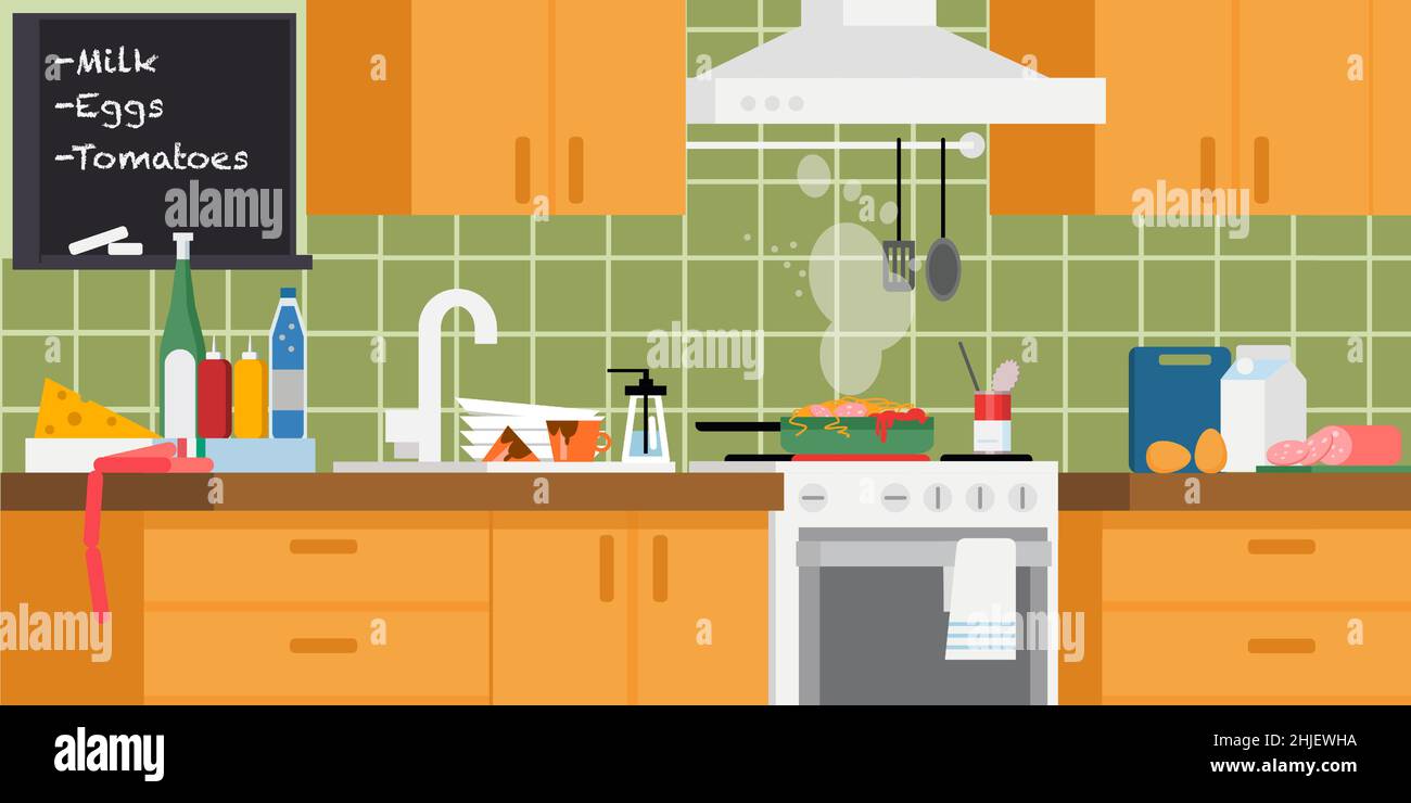A fragment of the kitchen interior in warm colors. Cooking process. Frying pan with pasta on the stove, sink with dirty dishes, chalk board and food o Stock Vector