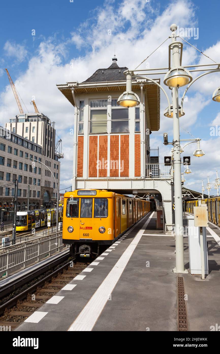 Berlin, Germany - April 23, 2021: Metro U-Bahn Underground at Station Warschauer Strasse portrait format in Berlin, Germany. Stock Photo