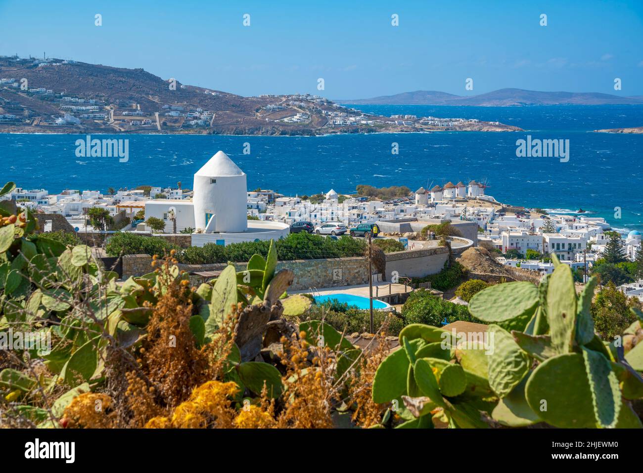Elevated view of flour mills and town, Mykonos Town, Mykonos, Cyclades