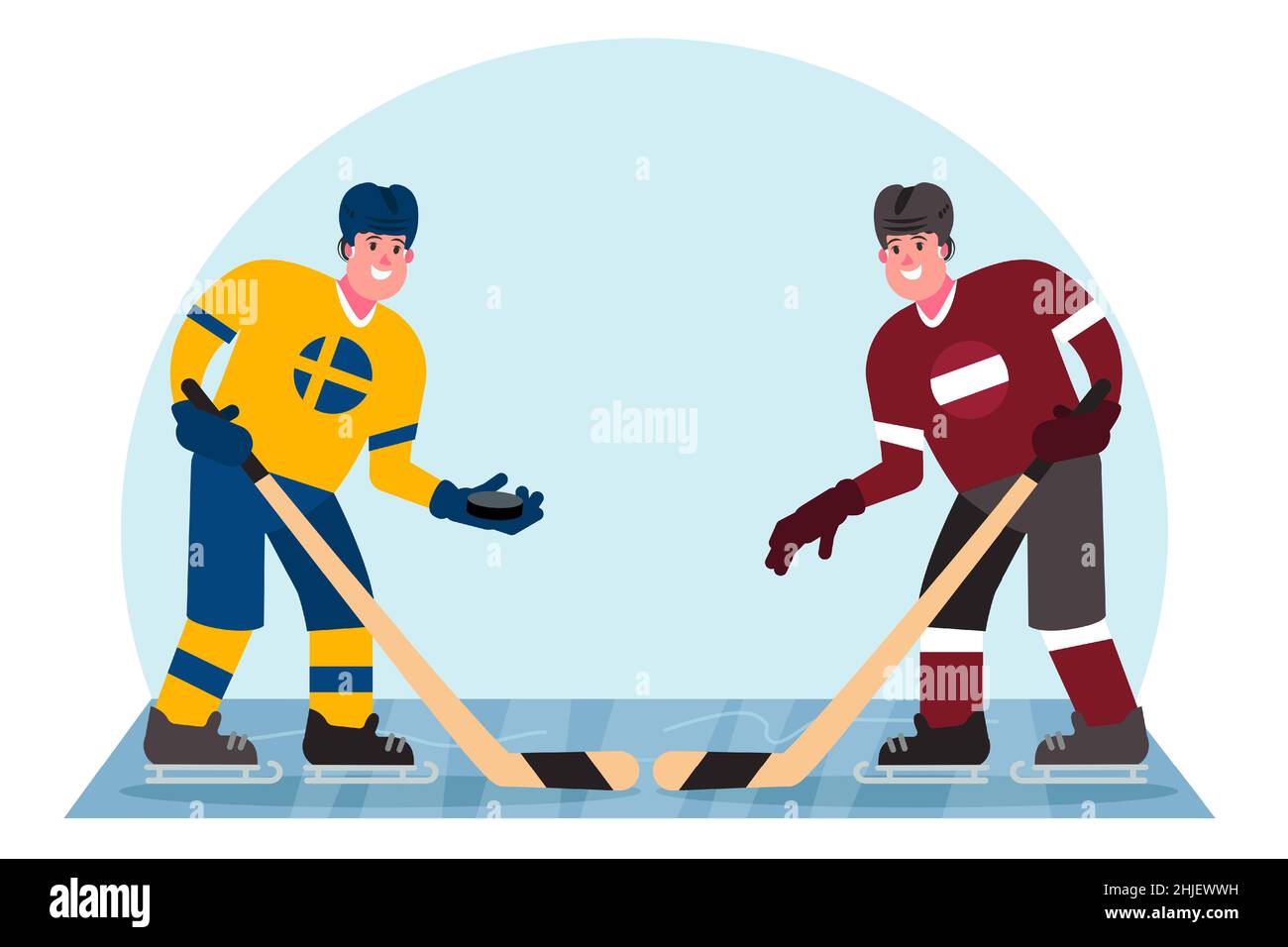 Ice hockey players. Competition between Sweden and Latvia. Vector illustration in a flat style. Stock Vector