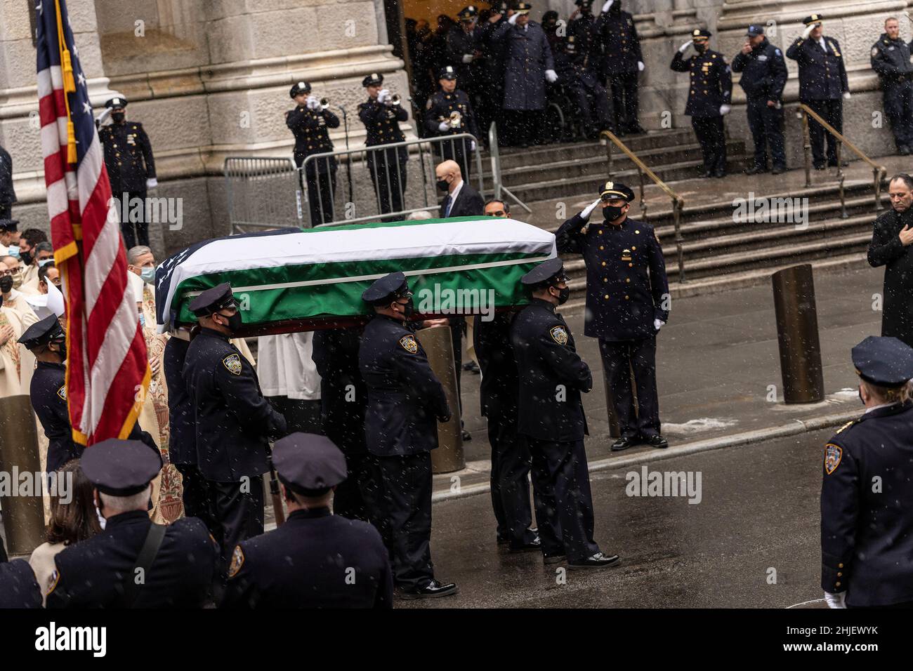New York, New York, USA. 28th Jan, 2022. Thousands of police officers gathered inside and outside St. Patrick's Cathedral for Jason Rivera funeral. The 22-year-old Rivera was killed when he and fellow NYPD officer, Wilbert Mora, responded to a domestic incident in Harlem on January 21. Rivera was posthumously promoted Friday from officer to detective first-grade. (Credit Image: © Lev Radin/Pacific Press via ZUMA Press Wire) Stock Photo