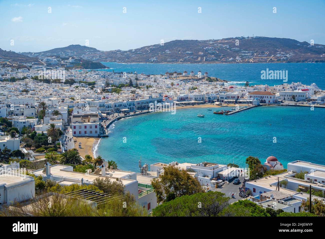 Elevated view of flour mills and town, Mykonos Town, Mykonos, Cyclades
