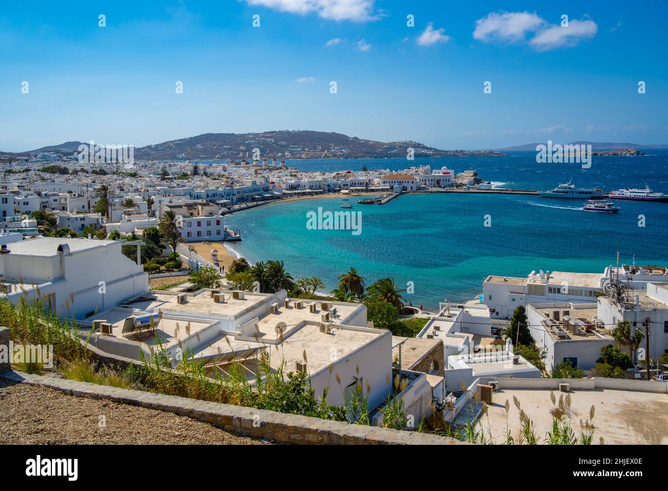 Elevated view of flour mills and town, Mykonos Town, Mykonos, Cyclades