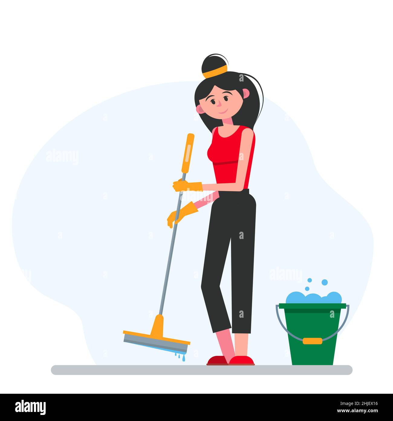 Woman cleaning with a mop and a bucket of water. Floor washing. Vector illustration in flat style. Stock Vector