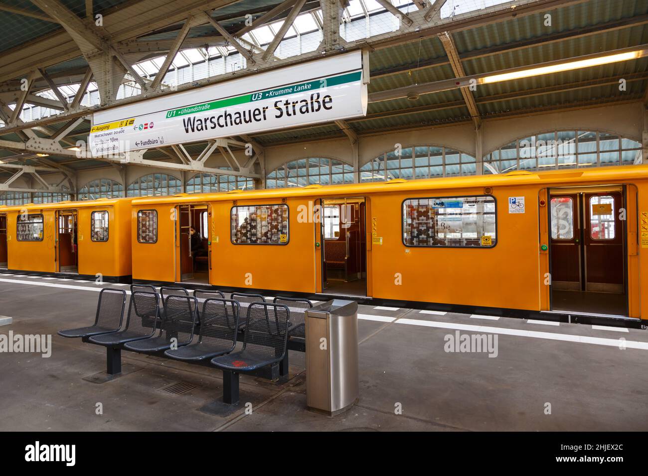 Berlin, Germany - April 23, 2021: Metro U-Bahn Underground at Station Warschauer Strasse in Berlin, Germany. Stock Photo