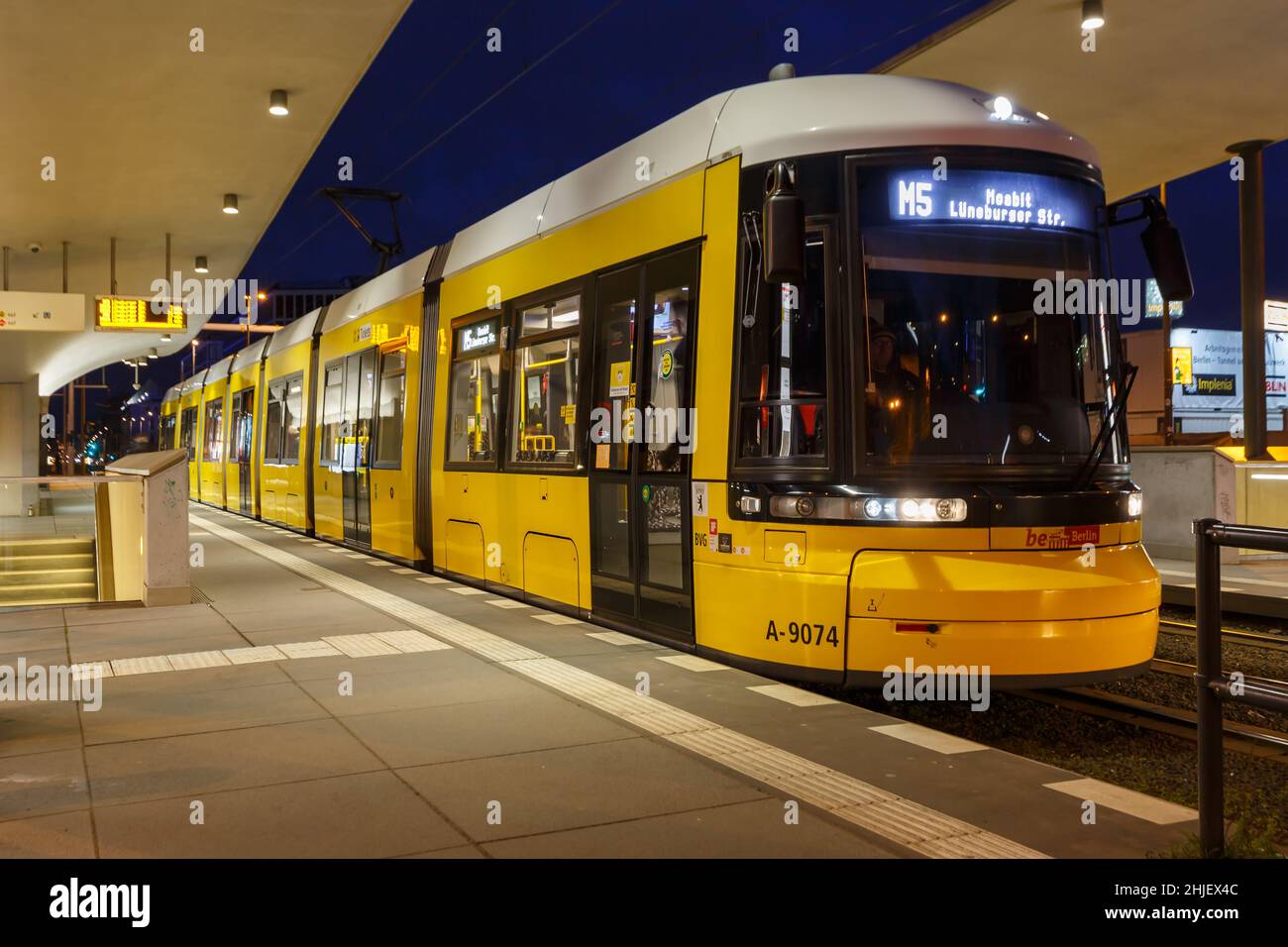 Berlin, Germany - April 22, 2021: Tram Bombardier Flexity light rail public transport Hauptbahnhof main station in Berlin, Germany. Stock Photo