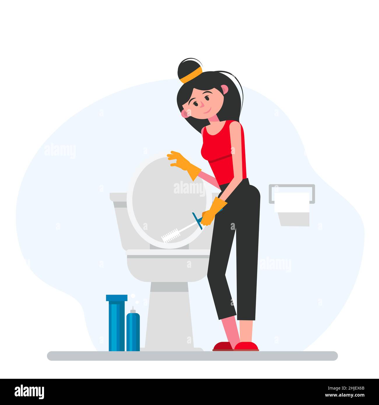 Woman cleaning bathroom. Housewife washes toilet bowl with brush. Lavatory room. Vector illustration. Stock Vector