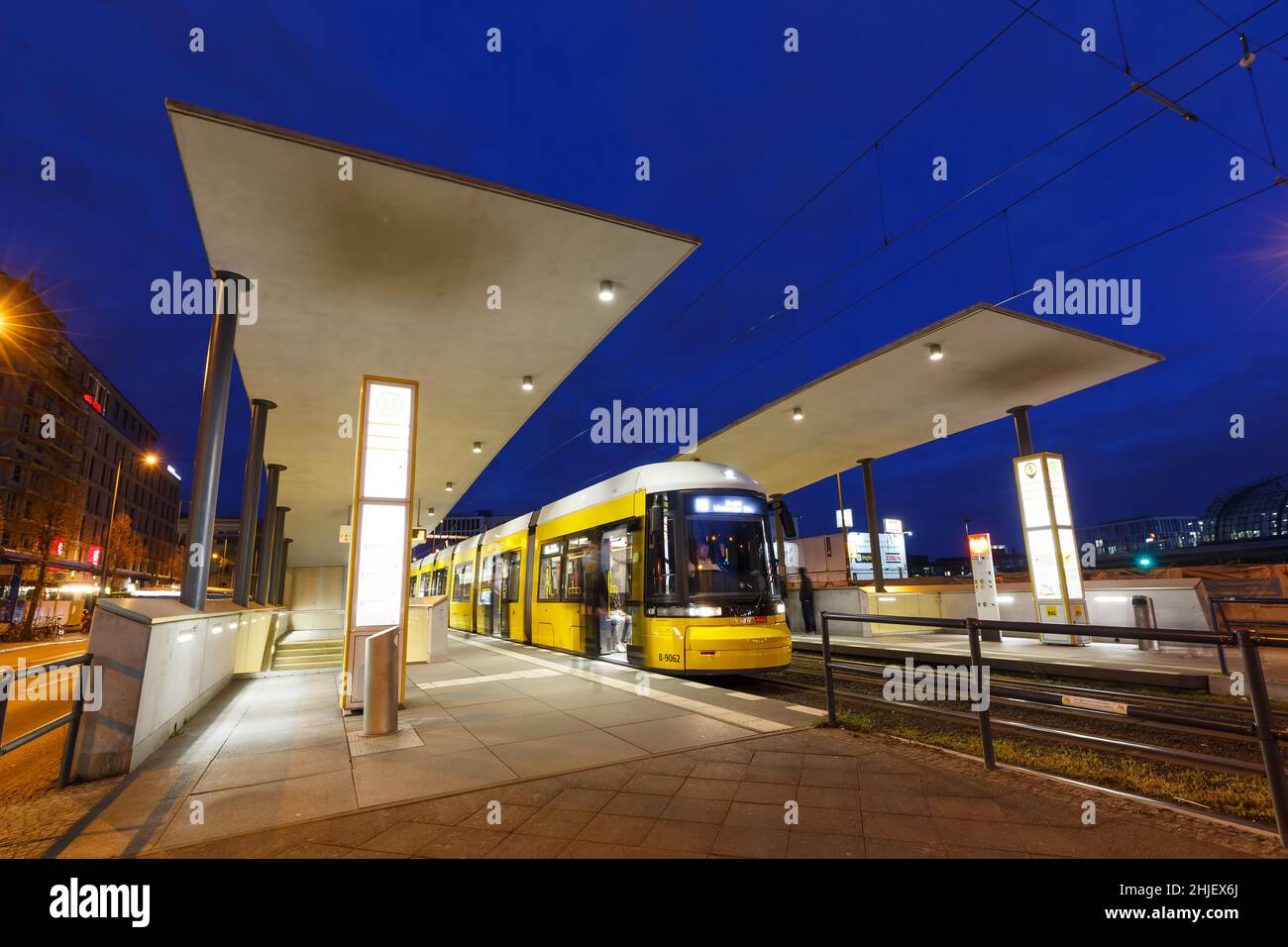 Berlin, Germany - April 22, 2021: Tram Bombardier Flexity light rail public transport Hauptbahnhof main station in Berlin, Germany. Stock Photo