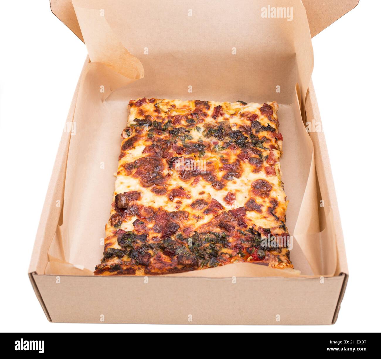 Heat american pizza in cardboard box. Isolated on a white background