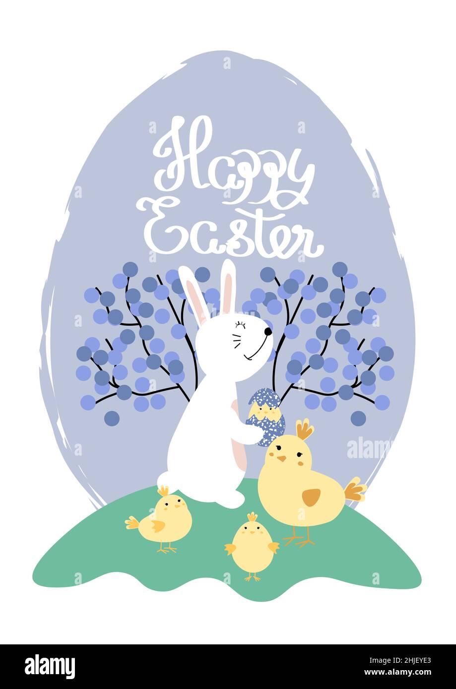 Vector illustration of cute bunnies with bright eggs and and little chickens. Happy Easter greetings text. Design for web, site, banner, poster, card Stock Vector