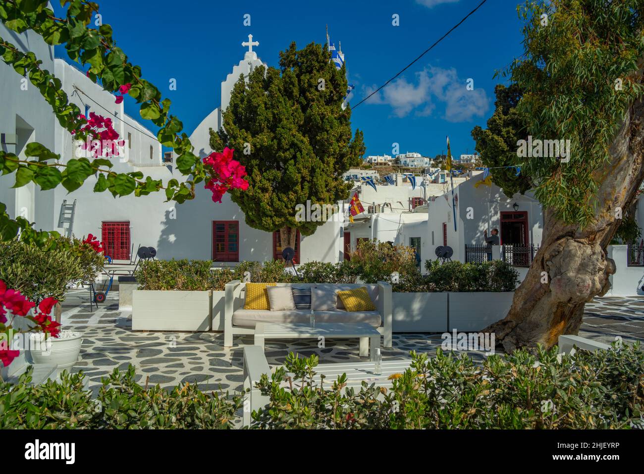 View of white washed chapel, Mykonos Town, Mykonos, Cyclades Islands, Greek Islands, Aegean Sea, Greece, Europe Stock Photo