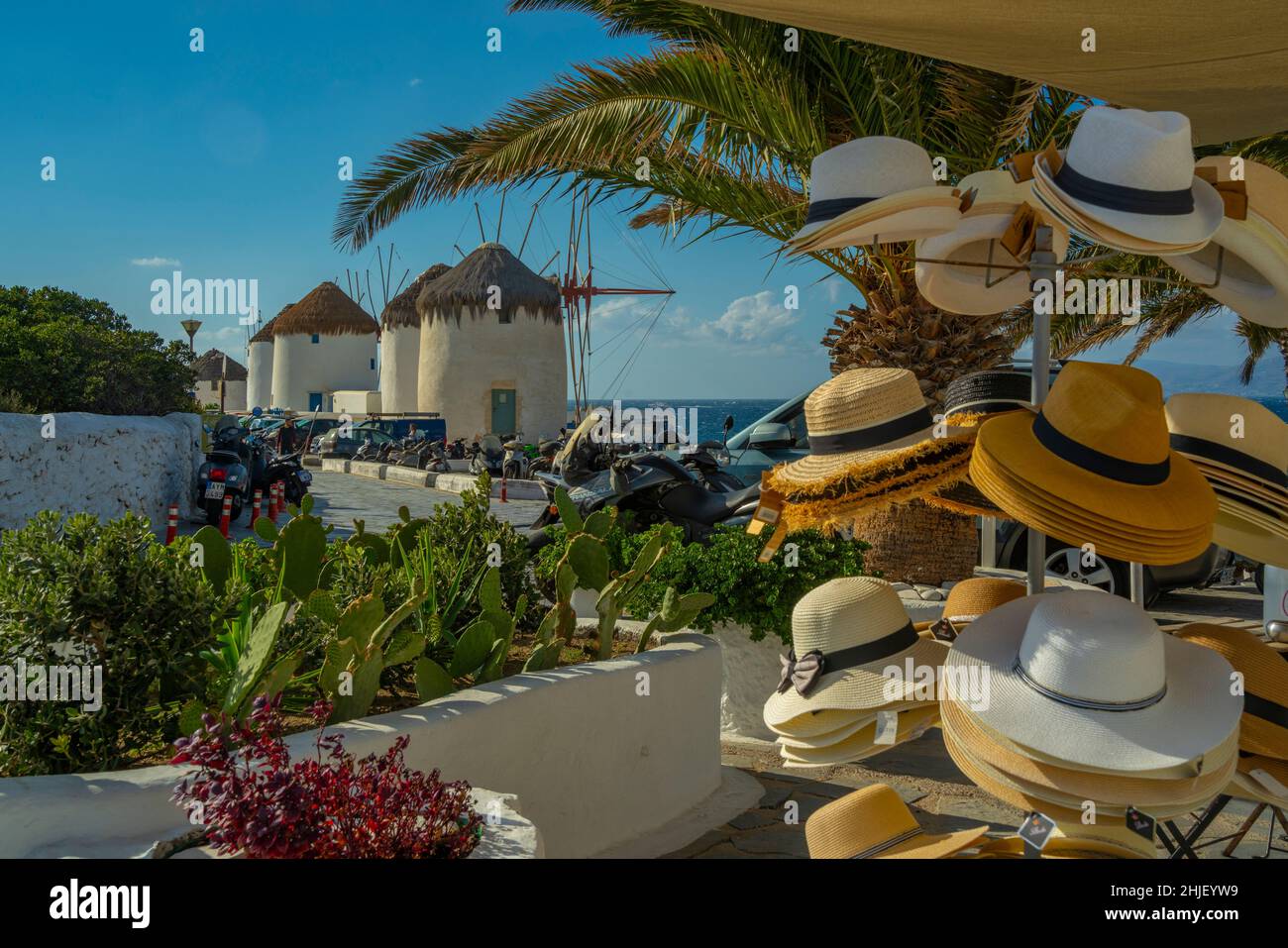 View of the windmills and hat stall, Mykonos Town, Mykonos, Cyclades Islands, Greek Islands, Aegean Sea, Greece, Europe Stock Photo