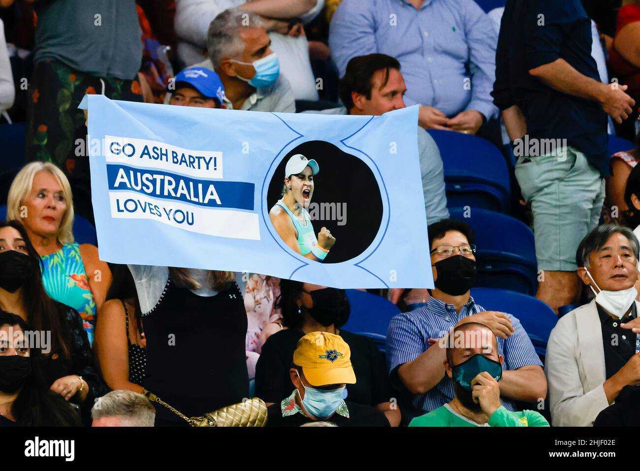 Melbourne, Australia, 29th Jan, 2022. Fans cheering for Ash Barty at the 2022 Australian Open Tennis Grand Slam in Melbourne Park. Photo credit: Frank Molter/Alamy Live news Stock Photo