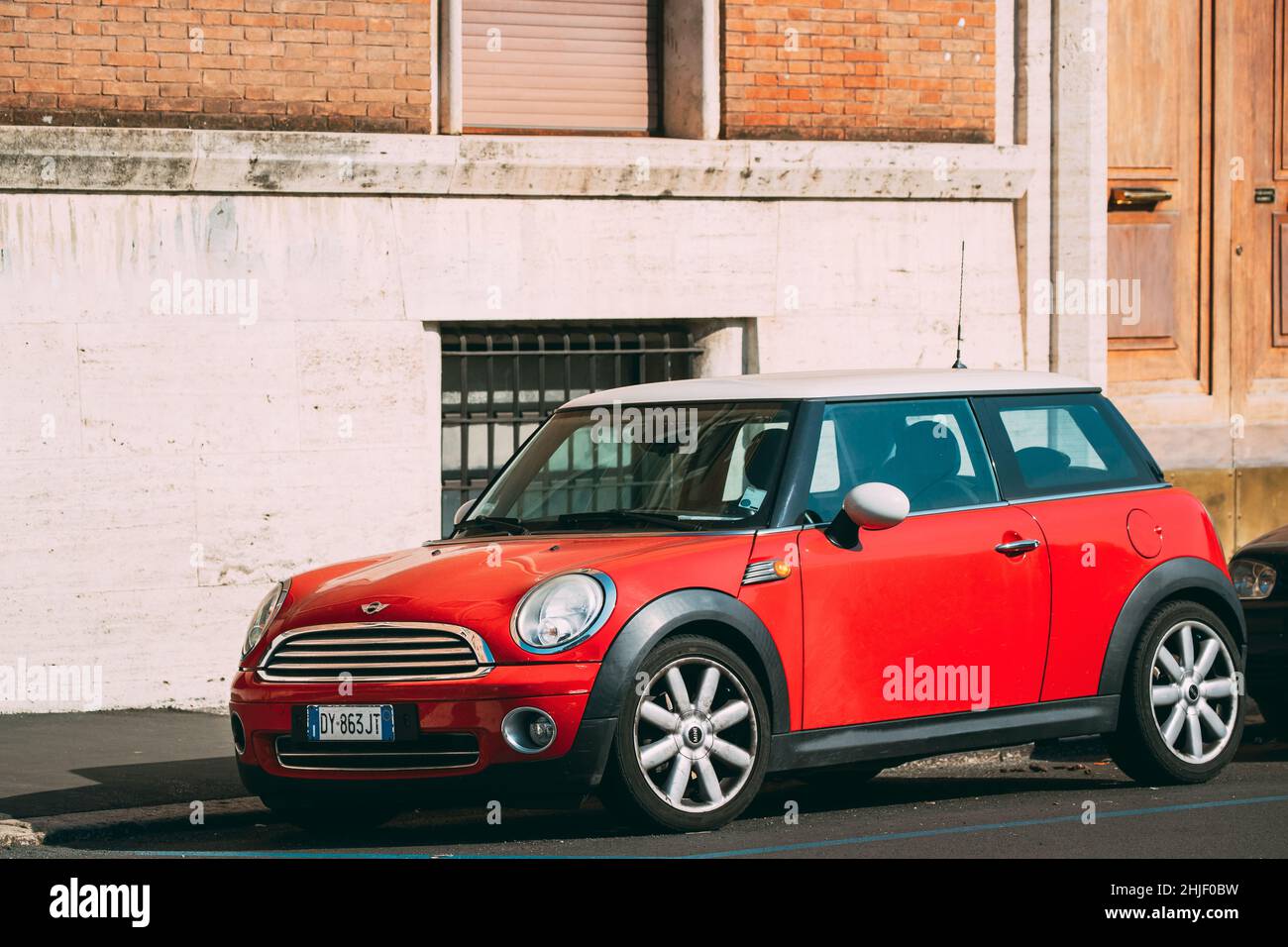 Rome, Italy. Red Mini Cooper Hatch Car Of Second Generation Parked At ...