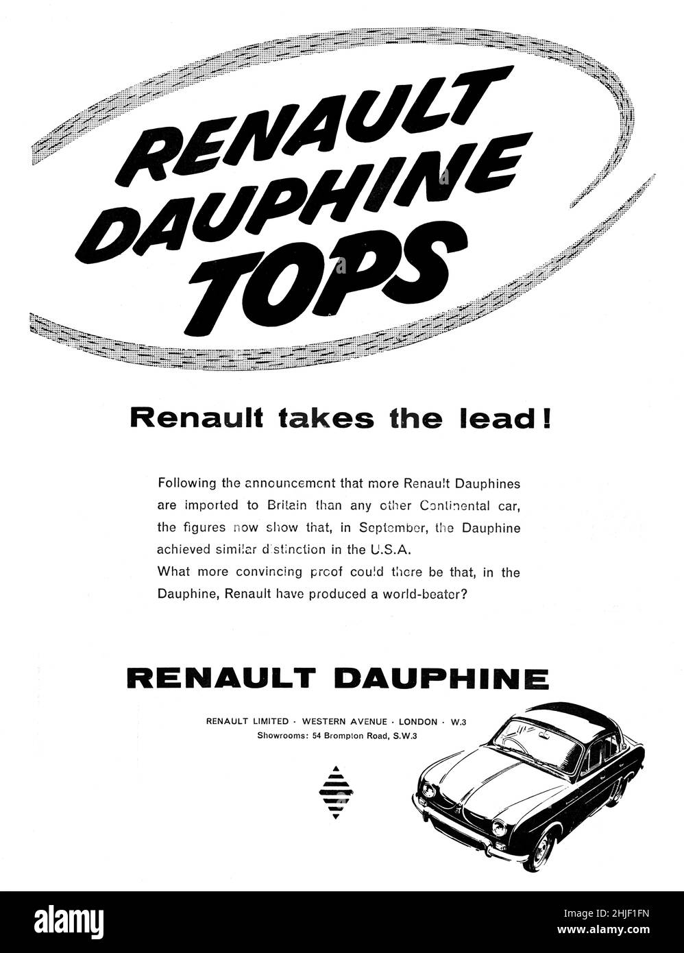 A vintage advert for trhe Renault Dauphine car from Motor Sport Magazine, 1960 Stock Photo