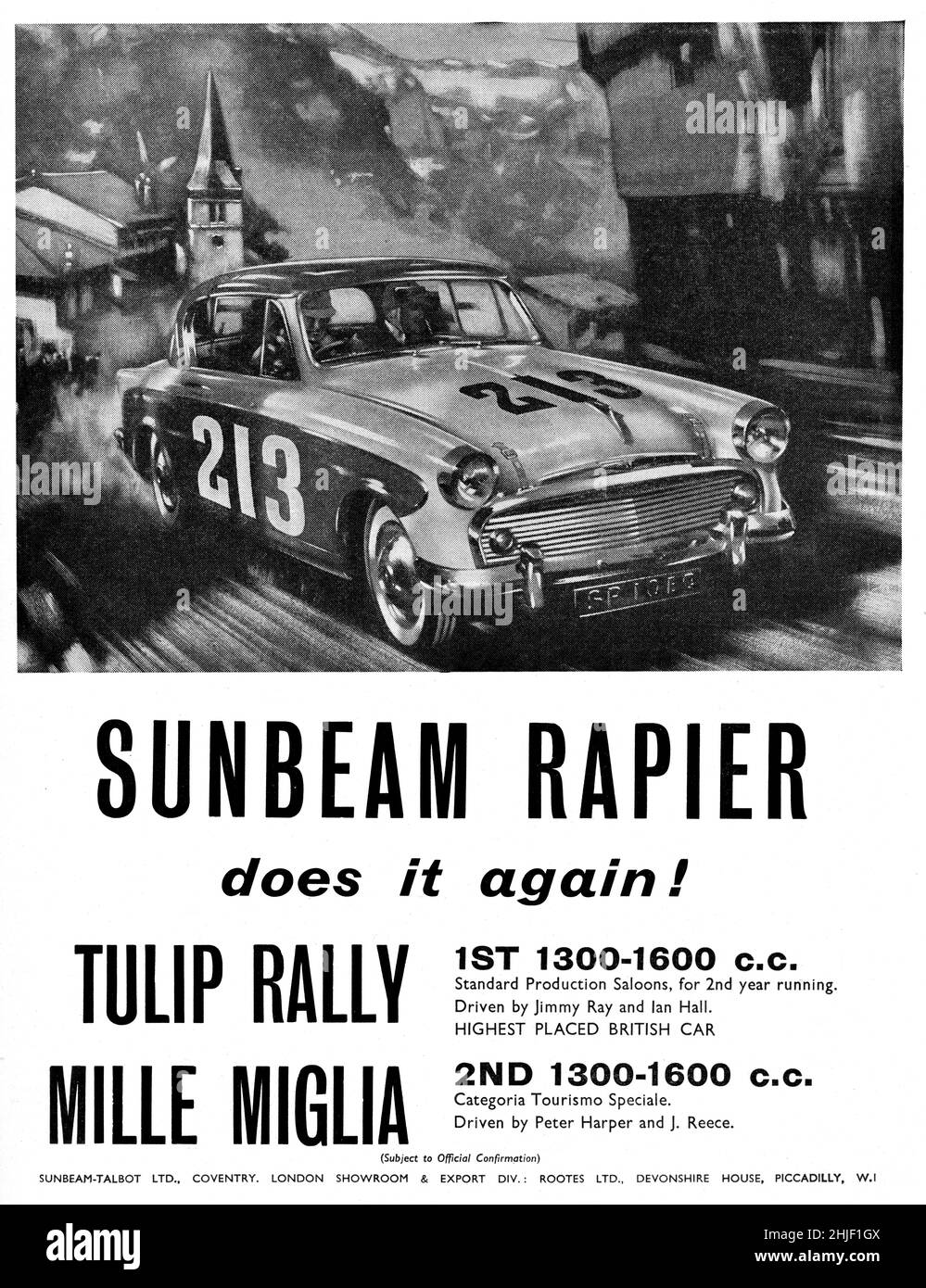 A vintage advert for  the Sunbeam Rapier car from Motor Sport Magazine, 1957 Stock Photo