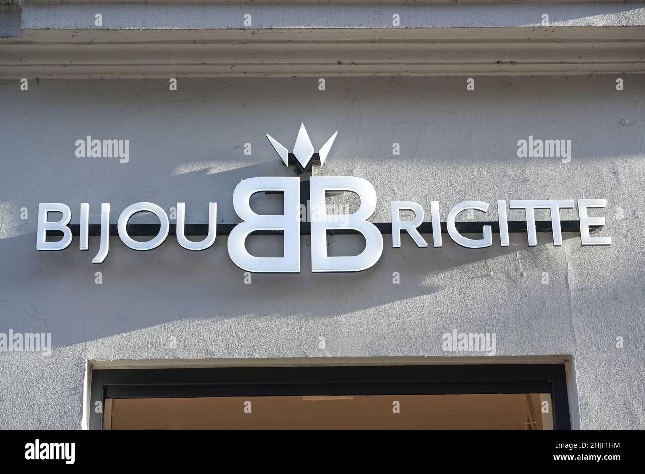 Lubeck, Germany, January 15, 2022:  Bijou Brigitte advertising logo sign on the facade of a store, retail chain supplier of fashion jewelry and access Stock Photo