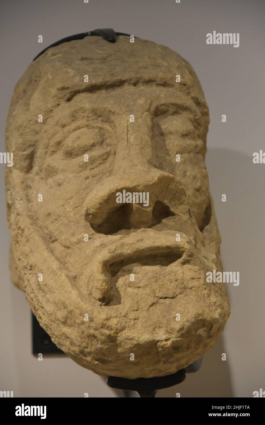 Stone Sculptures of faces, Rievaulx Abbey Museum, Yorkshire, England Stock Photo