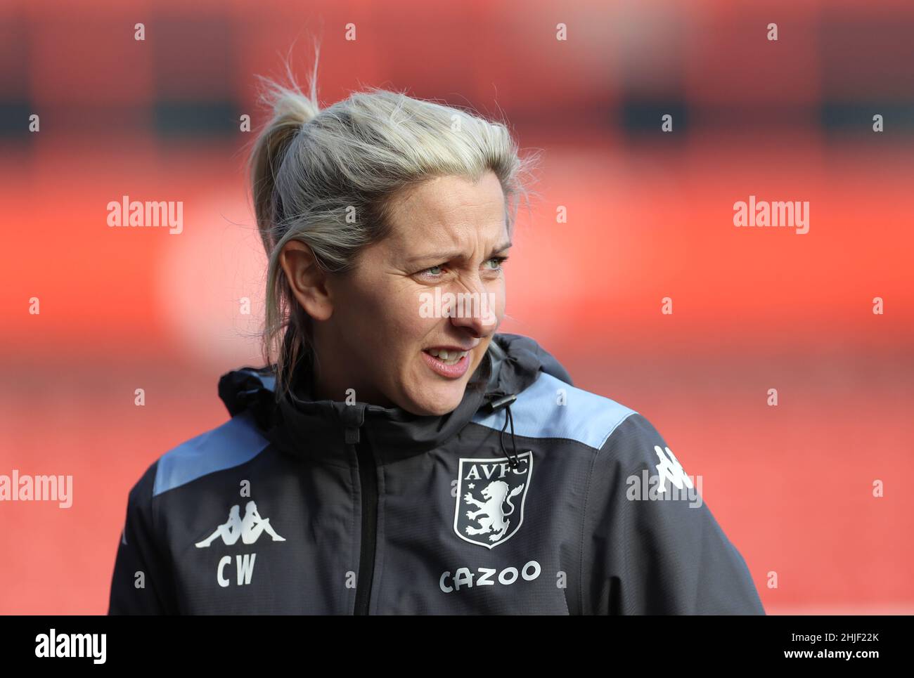 Aston Villa manager Carla Ward prior to kick-off before the Vitality Women's FA Cup fourth round match at the Bank's Stadium, Walsall. Picture date: Saturday January 29, 2022. Stock Photo