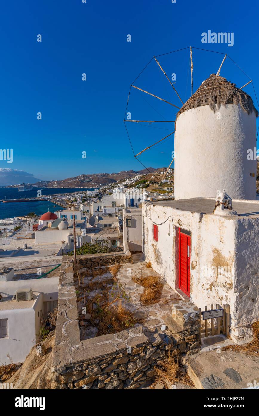 View of windmill and town, Mykonos Town, Mykonos, Cyclades Islands, Greek Islands, Aegean Sea, Greece, Europe Stock Photo
