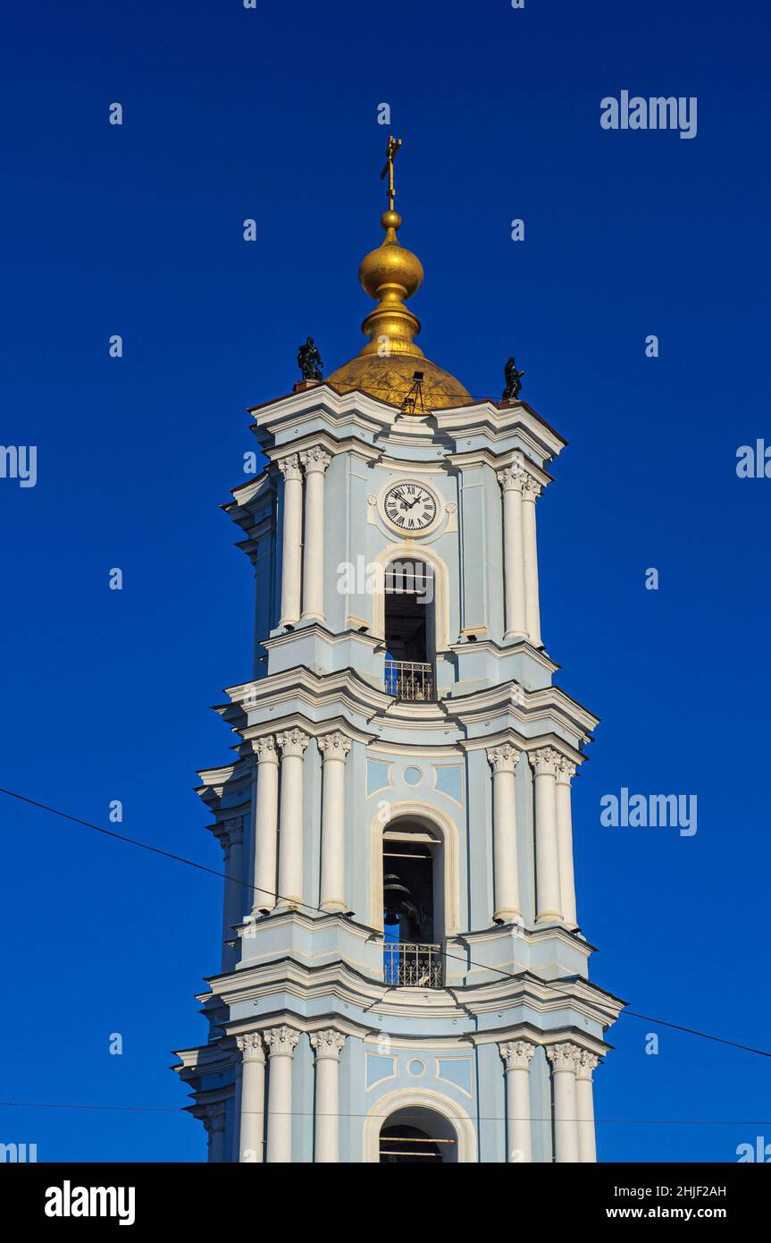 Sumy, Ukraine. January 08. 2022. The bell tower of the Transfiguration Cathedral in the center of the city of Sumy, in the baroque style, with columns Stock Photo