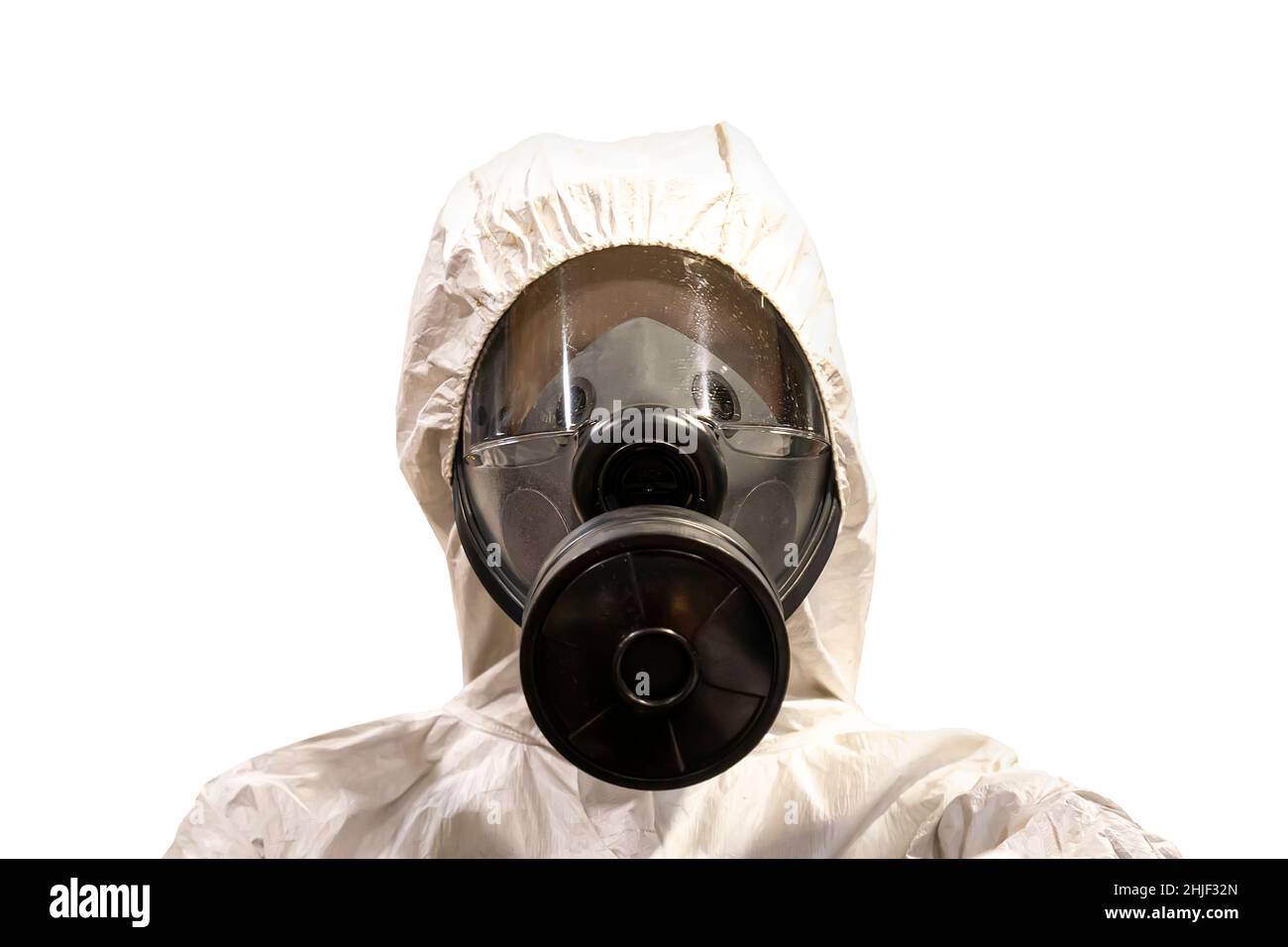 man in chemical protective clothing and half mask replaceable particulate filter respirator with glasses at white background, Safety virus infection c Stock Photo