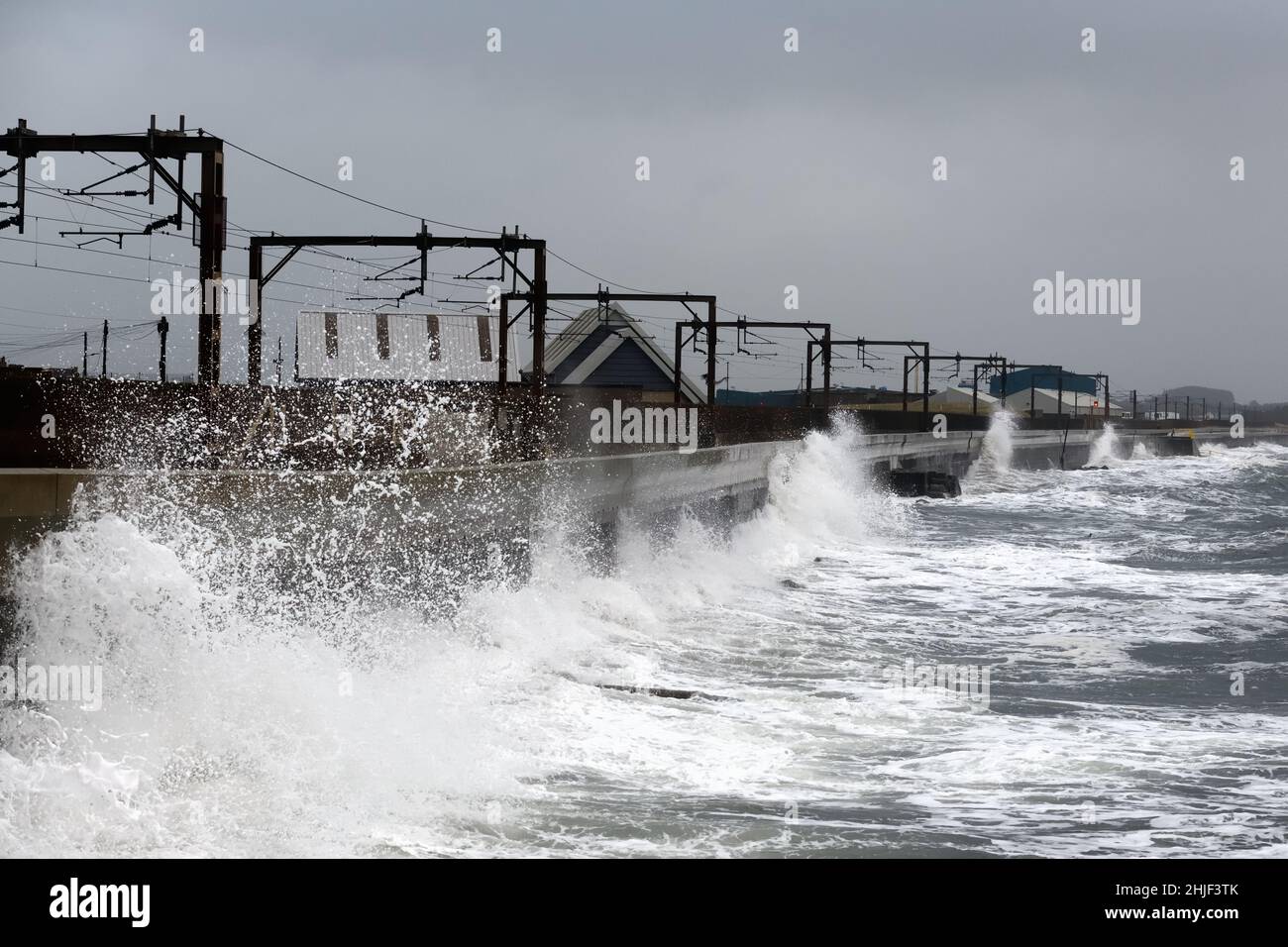 29th, January, 2022. Saltcoats, Ayrshire, Scotland, UK. Storm Malik hits the west coast of Scotland bringing down trees and stirring up seas causing cancellations to schedules for trains and ferries. Stock Photo
