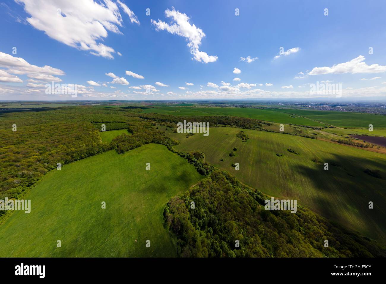 Aerial landscape view of green cultivated agricultural fields with ...