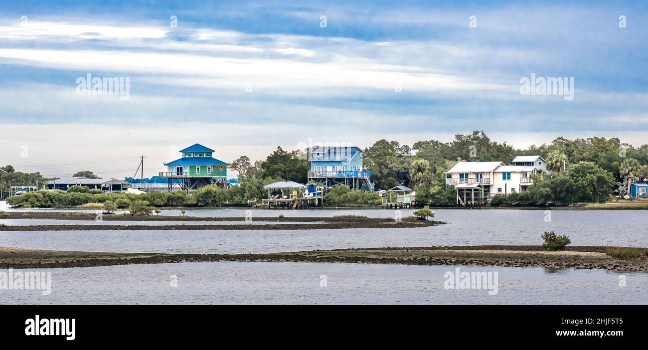 Waterfront houses on the Gulf of Mexico on Cedar Key Florida USA Stock