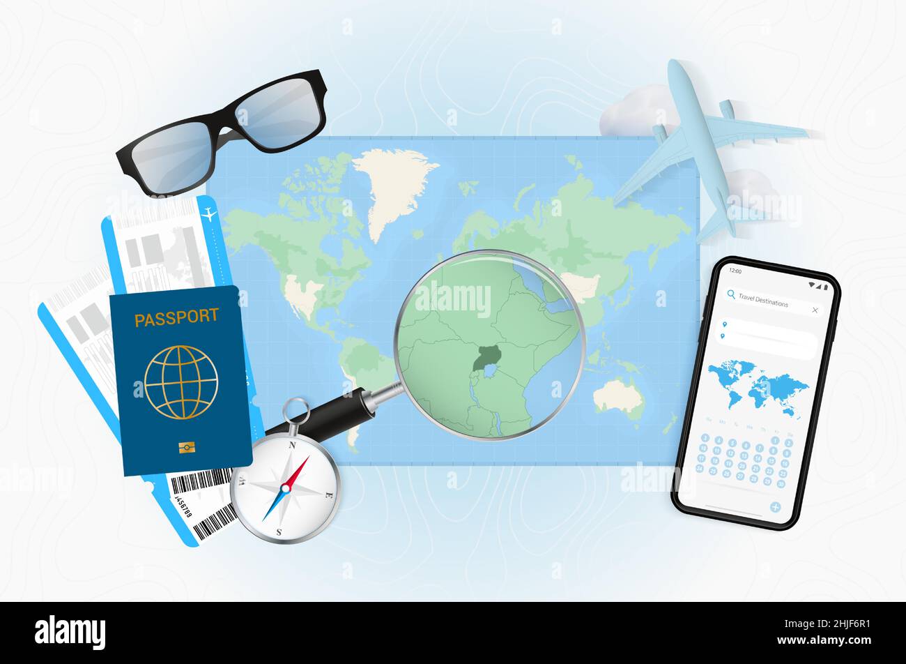 Conceptual illustration of a trip to Uganda with travel gear. World map with compass, passport, tickets, cell phone, plane and glass. Stock Vector