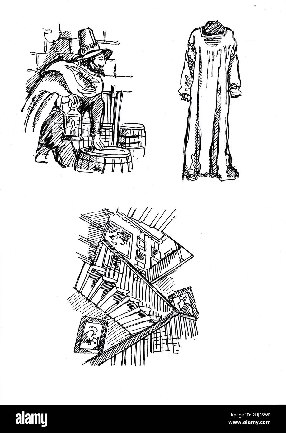 Sketches of Guy Fawkes, a robe and an ancient staircase on a white background. Stock Photo