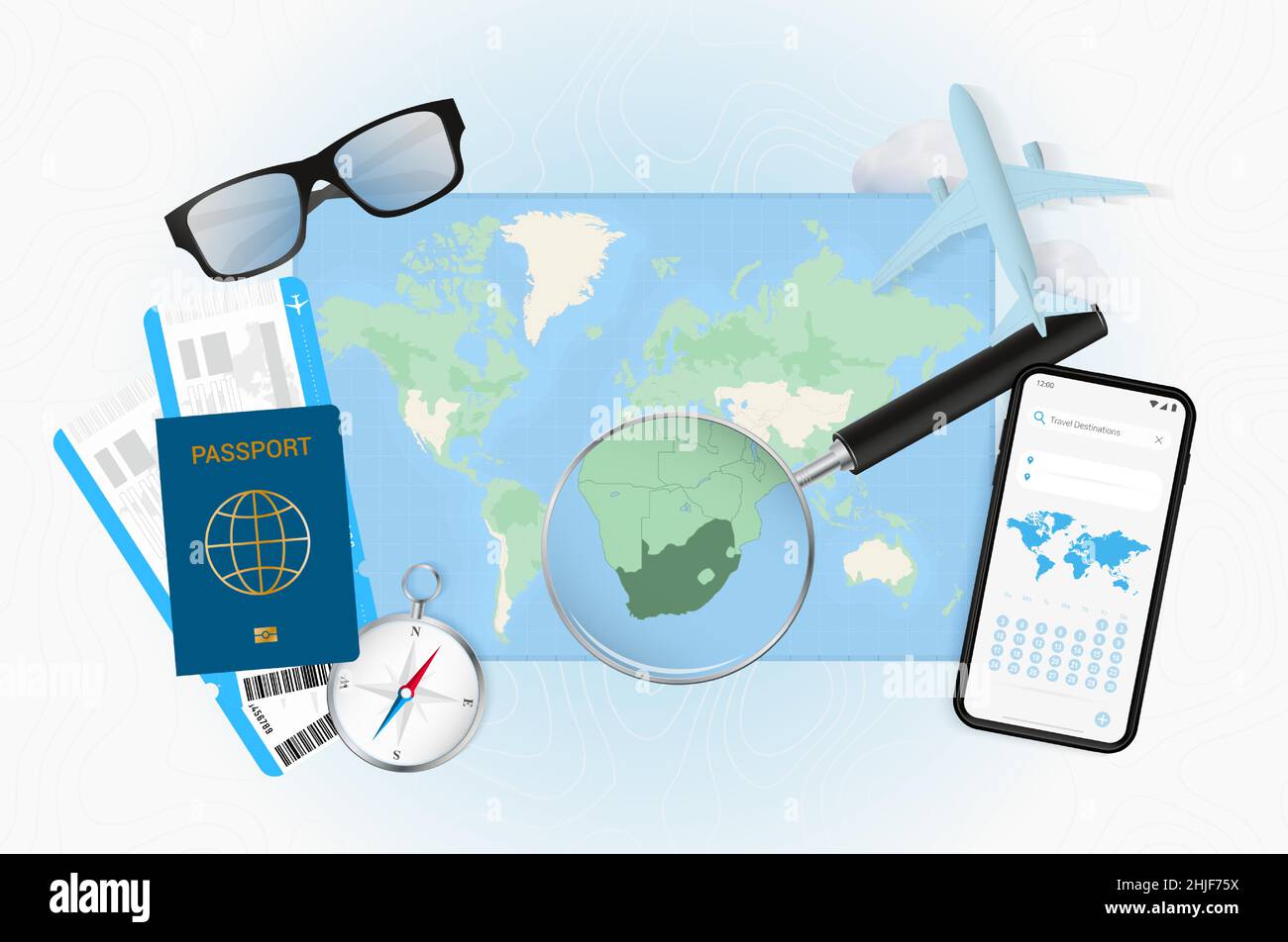 Conceptual illustration of a trip to South Africa with travel gear. World map with compass, passport, tickets, cell phone, plane and glass. Stock Vector