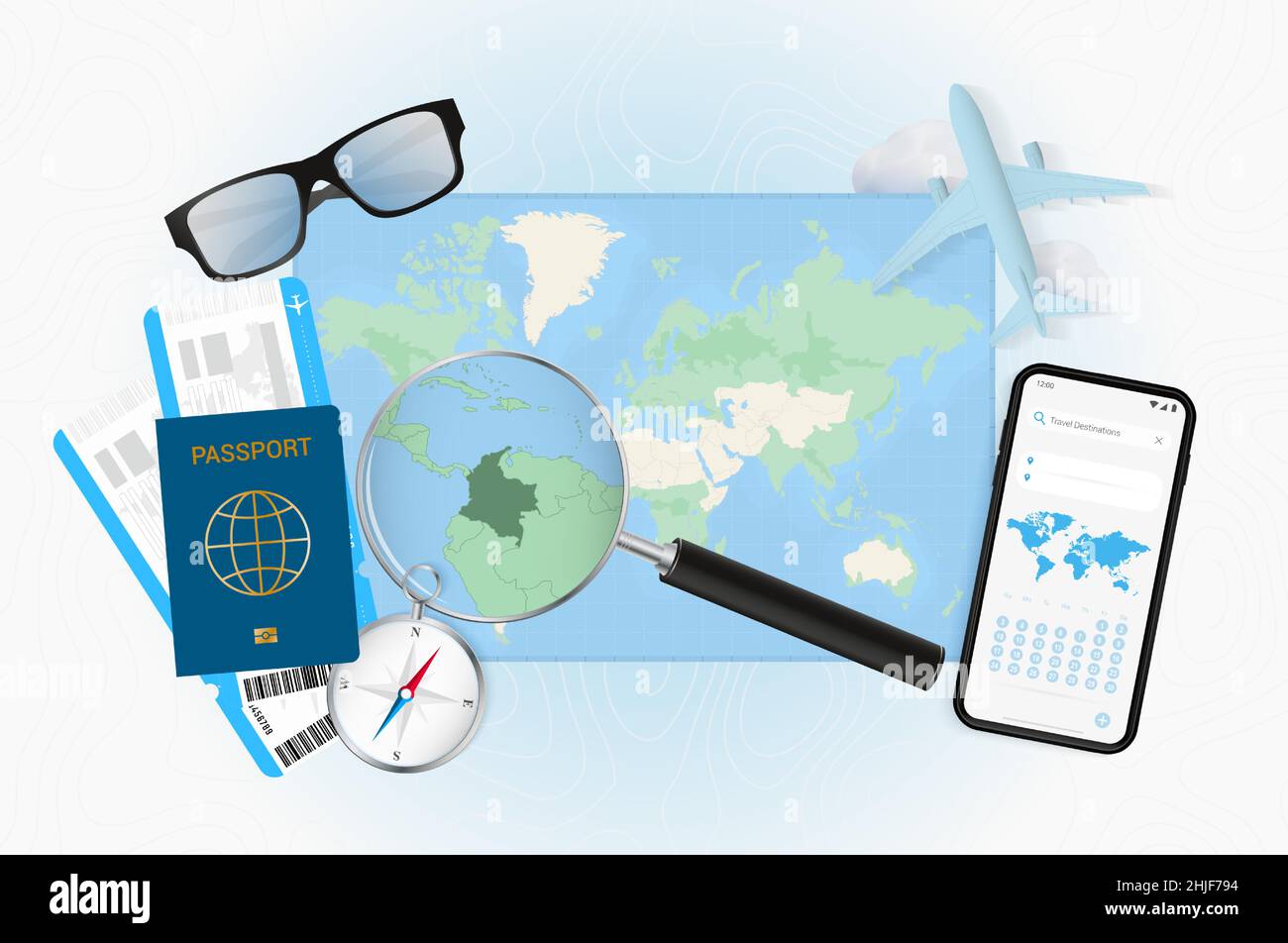 Conceptual illustration of a trip to Colombia with travel gear. World map with compass, passport, tickets, cell phone, plane and glass. Stock Vector